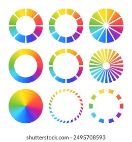 Set of color wheels with bright palettes. Round color charts. Gradient circles. Vector illustration for your design