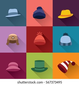Set of color winter hats in color background