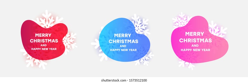 Set of color winter sale banners. Vector illustration with liquid shape and snowflakes isolated on white background for posters, coupons, social media card