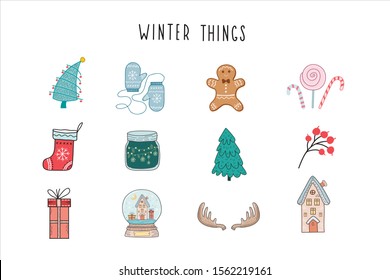 Set of color winter vector illustrations. Christmas illustrations for festive design.