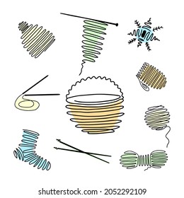 Juego de ropa de tejido cálido color invierno en color en la técnica del doodle para el diseño. Ilustración vectorial.