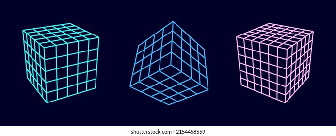 Set of color wireframe cubes. 3d geometric forms. Realistic isolated model. Vector isometric shapes.