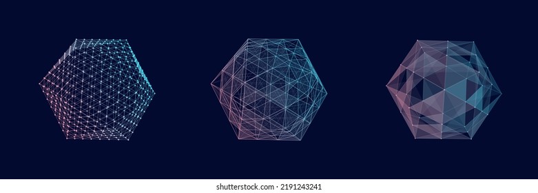 Set of color wireframe spheres. 3d geometric forms icosahedrom. Realistic isolated model. Vector isometric shapes.