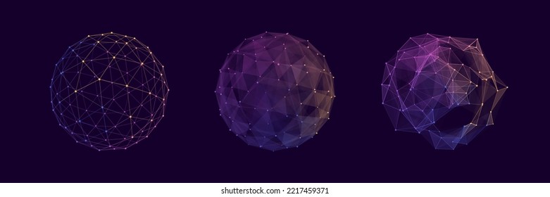 Set of color wireframe spheres. 3d geometric forms icosahedrom. Realistic isolated model. Vector isometric shapes.