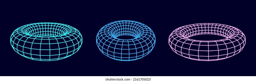 Set of color wireframe torus. 3d geometric forms. Realistic isolated model. Vector isometric shapes.