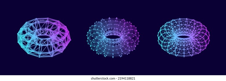 Set of color wireframe torus. 3d geometric forms. Realistic isolated model. Vector isometric shapes.