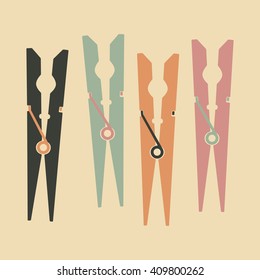 Set of color wooden clothes pins. Vector illustration.