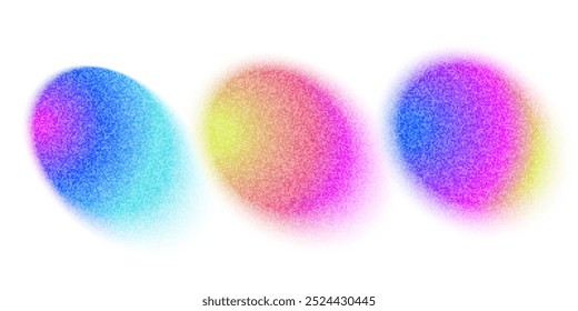 Establezca círculos de color amarillo, rosa y azul con gradación de ruido de degradado. Abstractas forma de malla de desenfoque de acuarela colorida sobre fondo blanco. Gradiente aura, grano neón blob con efecto acústico Vector eps10.