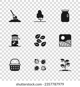 Set Colorado beetle, Agriculture wheat field farm, Sprout, Seeds of specific plant, Glass jar with screw-cap, Shovel in the ground, Fruit tree and Well icon. Vector