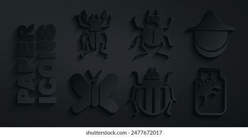 Set Colorado beetle, Beekeeper hat, Butterfly, Spider in jar, Beetle bug and deer icon. Vector