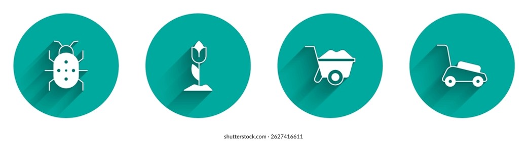 Set Colorado beetle, Flower tulip, Wheelbarrow and Lawn mower icon with long shadow. Vector