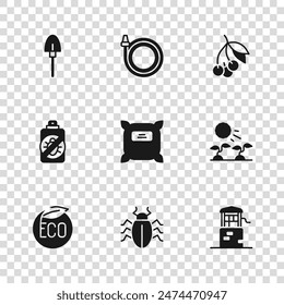 Set Colorado beetle, Plant sprouts grow in the sun, Well, Pack full of seeds, Fresh berries, Shovel, Garden hose and Spray against insects icon. Vector