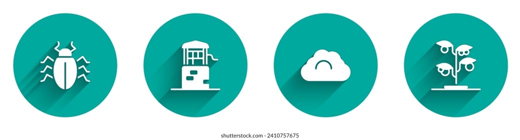Set Colorado beetle, Well, Cloudy weather and Sprout icon with long shadow. Vector