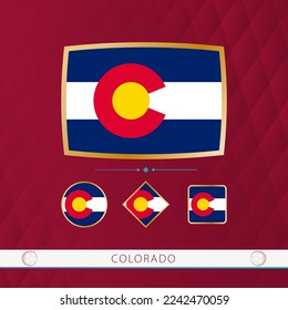 Set of Colorado flags with gold frame for use at sporting events on a burgundy abstract background. Vector collection of flags.