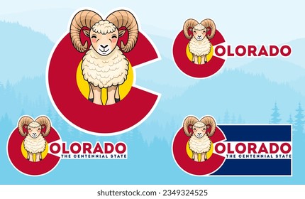 Set of Colorado stickers with cartoon Rocky Mountain Bighorn Sheep