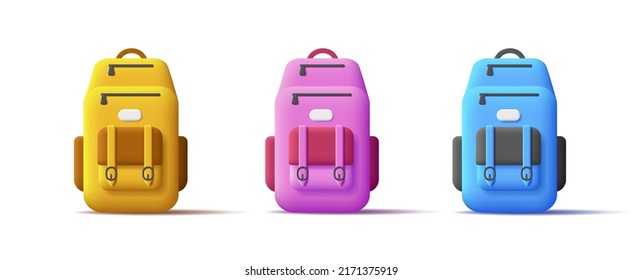 Set of colored 3d backpack icons, education or tourism equipment. Vector illustration