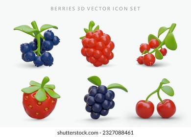 Set of colored 3D berry icons. Vector images of blueberries, raspberries, lingonberries, strawberries, blackberries, cherries. Natural vegetarian ingredients for baking, desserts, juices