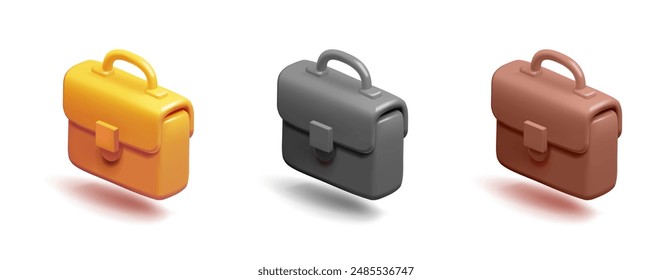 A set of colored 3D briefcases. Image for business, finance, marketing, profit, learning concepts. Icons for web design. Vector