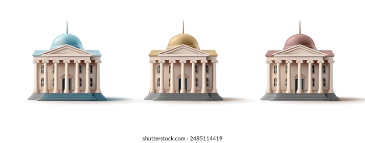 Conjunto de edificios 3D de colores con columnas. Ilustración realista para agencias gubernamentales, arquitectura, negocios, finanzas y conceptos de justicia. Vector