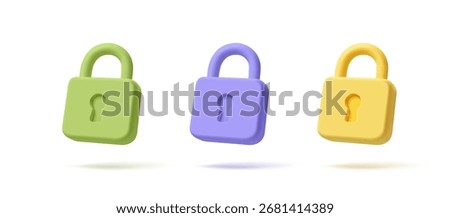 Set of colored 3D closed locks on a white background. For concepts of security, protection, technology, reliability, safety. Vector illustration.