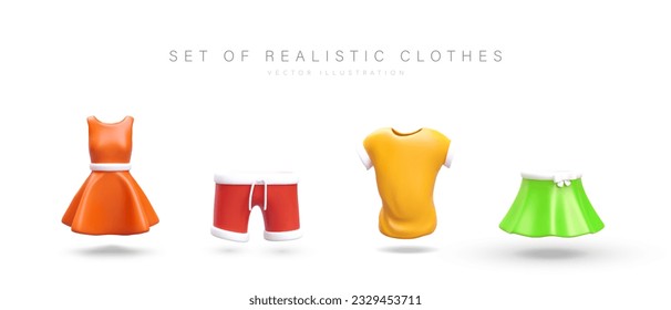 Set of colored 3D clothes. Dress, shorts, t shirt, skirt. Isolated vector icons with shadows. Illustration in cartoon style. Bright images for labels, thematic sections, category designations