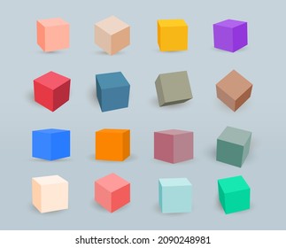 Set Of Colored 3D Cubes. Collection Colorful Cube Icons With A Perspective 3d Cube Model With A Shadow. Vector Illustration. Isolated On A Grey Background For Your Design.