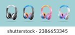 Set of colored 3D headphones. Modern wireless portable gadget for listening to music, and audiobooks. For advertising design.