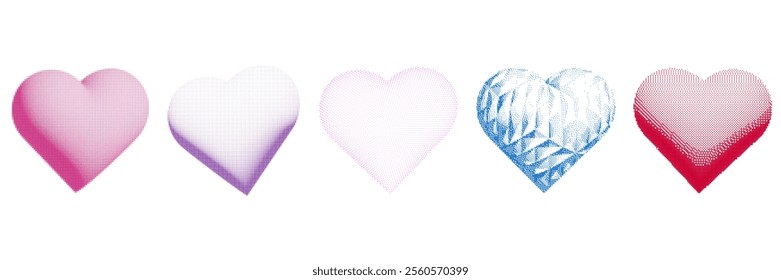 Set of colored 3D hearts in halftone style. Trendy elements for collage, poster, design. Vector graphics isolated on white background.