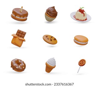 Set of colored 3D icons of desserts, sweets. Isolated vector image on white background. Cake, cupcake, panna cotta, chocolate bar, cookie, doughnut, ice cream, lollipop