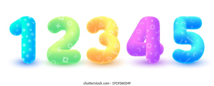 Conjunto de letras 3d coloreadas, números con patrón. Ilustración vectorial sobre fondo blanco. Carteles y símbolos para postal, banner, publicidad, publicidad, celebración, afiche, tarjetas, decoración de fiestas.