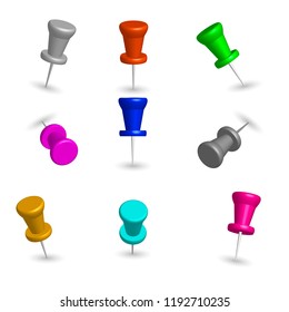 Set of colored 3d pushpins, isolated on white background, vector illustration.