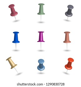 Set of colored 3d pushpins, isolated on white background, vector illustration.
