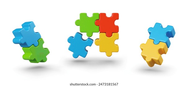 Set of colored 3D puzzles. Different types of tasks. Vector elements for business concepts