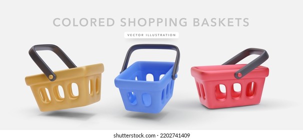 Conjunto de carrito de la compra 3d de colores realistas con sombra aislada sobre fondo blanco. Ilustración del vector