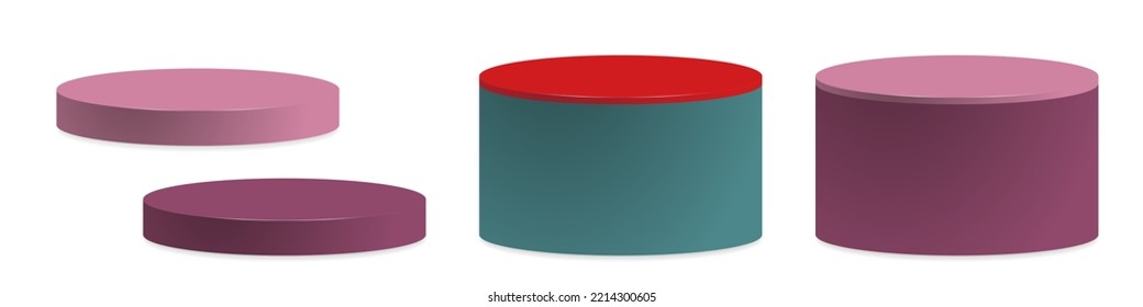 Set of Colored 3d rendered podium Mock ups, red, TEAL, sugarplum, razzleberry. 3d podiums with subtle shadows. Showroom pedestals. Vector Illustration. Perfect for food, products, scenes, Christmas.