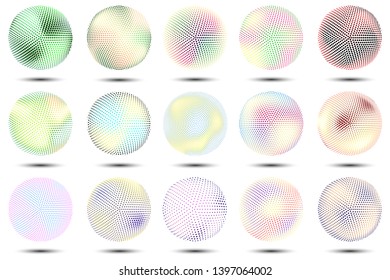 Set of colored 3d spheres on a white background. Halftone effect