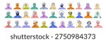 Set of colored abstract avatars, head portraits of diverse people. Happy smiling faces of men and women characters, modern drawn user profiles. Flat vector illustration isolated on white background