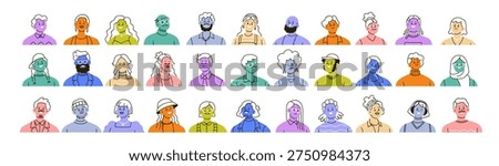 Set of colored abstract avatars, head portraits of diverse people. Happy smiling faces of men and women characters, modern drawn user profiles. Flat vector illustration isolated on white background
