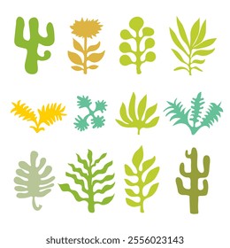 Set of colored abstract flat organic contemporary aesthetic silhouettes isolated elements on white backgroun. Plants, cactuses, leaf, algae, flowers shapes inspired by Matisse