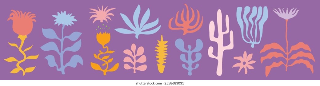 Set of colored abstract flat organic contemporary aesthetic modern silhouettes isolated elements on purple background. Flowers, plants, cactus, algae shapes inspired by Matisse