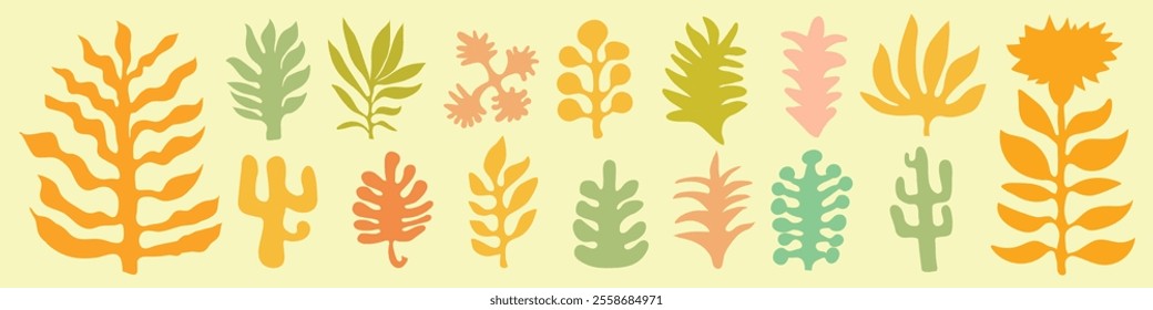 Set of colored abstract flat organic contemporary aesthetic modern plants silhouettes isolated elements on background. Flowers, cactus, plants, algae shapes inspired by Matisse