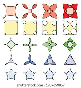 Set of colored abstract flowers and frames. Magic geometry signs collection. Runes and alchemy mystical symbols. Set for game design, sprites for game user interface. Vector asset.