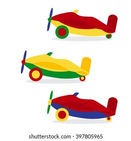 Set of colored airplanes. Children's toy. Flat design style. Aircraft icon. Air transport. Vector illustration.