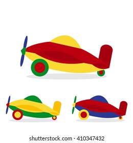 Set of colored airplanes. Children's toy. Flat design style. Aircraft icon. Air transport. Vector illustration.