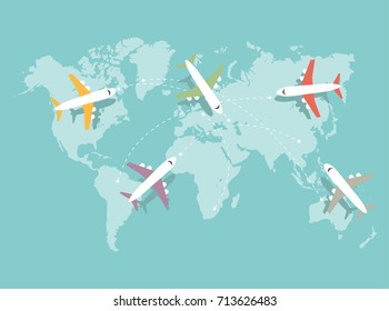 Set of colored airplanes flying over the blue world map