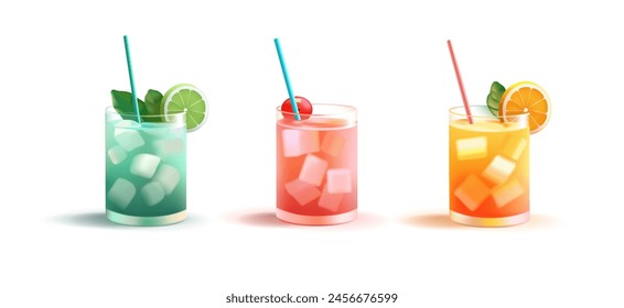 A set of colored alcoholic and non-alcoholic cocktails in glasses with ice, 3D. Cocktails for design concepts of restaurants, pubs, refreshingly cold and delicious drinks. Vector
