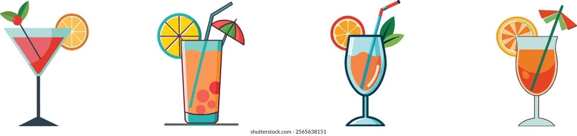 A set of colored alcoholic and non-alcoholic cocktails.