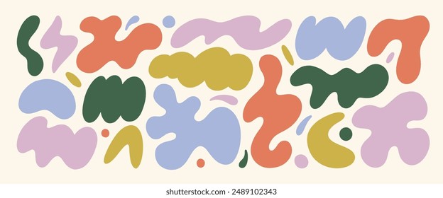 Set of colored amoeba organic irregular shapes. Creative liquid blob elements, various cartoon organic shapes. Modern cute figures, doodle objects. Vector smooth abstract drops. Groovy funky elements.