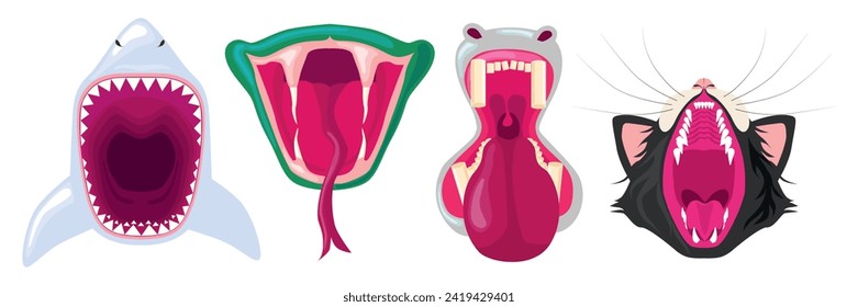 Set von farbigen Tierkiefern im Cartoon-Stil. Vektorgrafik von Kiefern verschiedener Tiere mit Zungen, Fangzähnen, Klauen: Hai, Schlange, Nilpferd, Katze einzeln auf weißem Hintergrund.