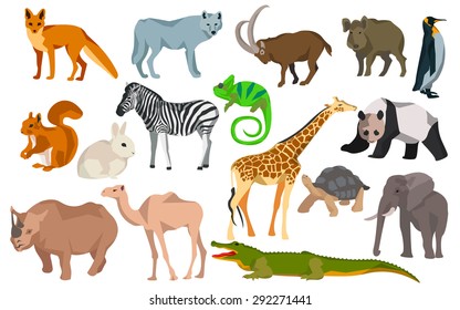 Set colored animals goat, wild boar, panda, rabbit, zebra, elephant,fox, wolf, giraffe, camel, squirrel, rhino, turtle, crocodile, chameleon, penguin. Flat polygon style design. Vector illustration